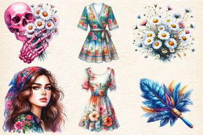 Groovy Halloween PNG Bundle 21 Watercolor Floral Hippie Halloween Clipart