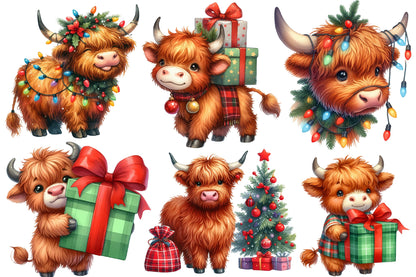 Christmas Highland Cow Clipart PNG Bundle | Watercolor Cute Christmas Highland Cow Clipart | Farmhouse Holiday Sublimation PNG