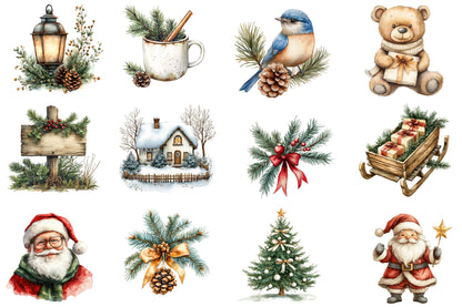 Rustic Christmas Watercolor Clipart PNG Bundle | Cozy Rustic Christmas Clipart | Rustic Christmas Sublimation PNG