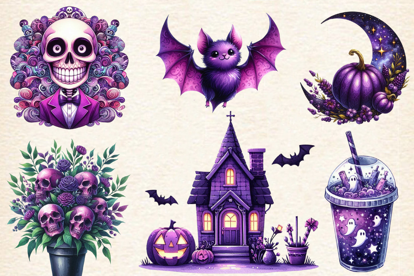 15 Halloween Purple Sublimation PNG Bundle Cute Bat Skull Witch Clipart