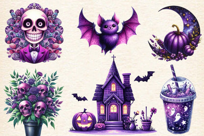 15 Halloween Purple Sublimation PNG Bundle Cute Bat Skull Witch Clipart