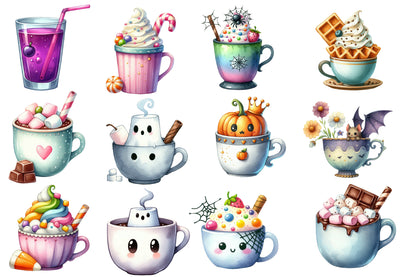 Halloween Drinks Cuties Clipart PNG | Cute Halloween Coffee Cup, Pumpkin Latte & Hot Cocoa Clipart,