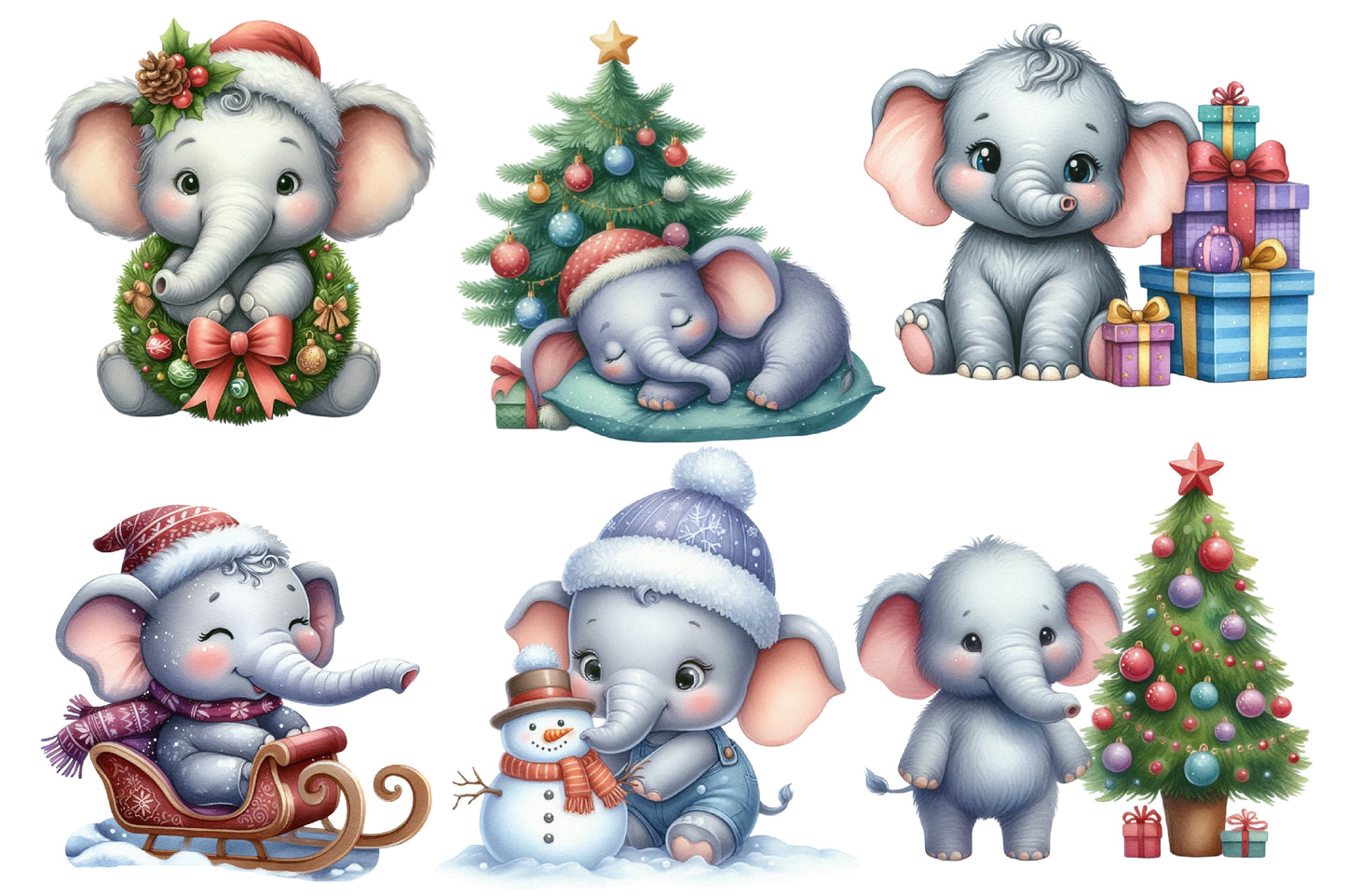 Christmas Baby Elephant Clipart PNG Bundle | Watercolor Cute Baby Elephant Christmas Clipart | Holiday Elephant PNG
