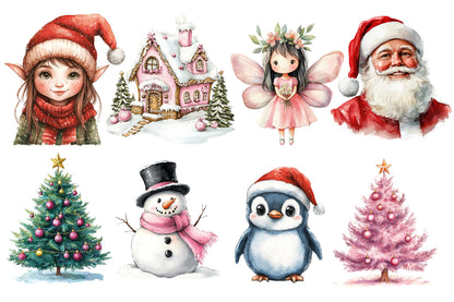 Scandi Christmas Watercolor Clipart PNG Bundle | Scandinavian Christmas Clipart | Pink Christmas Sublimation PNG