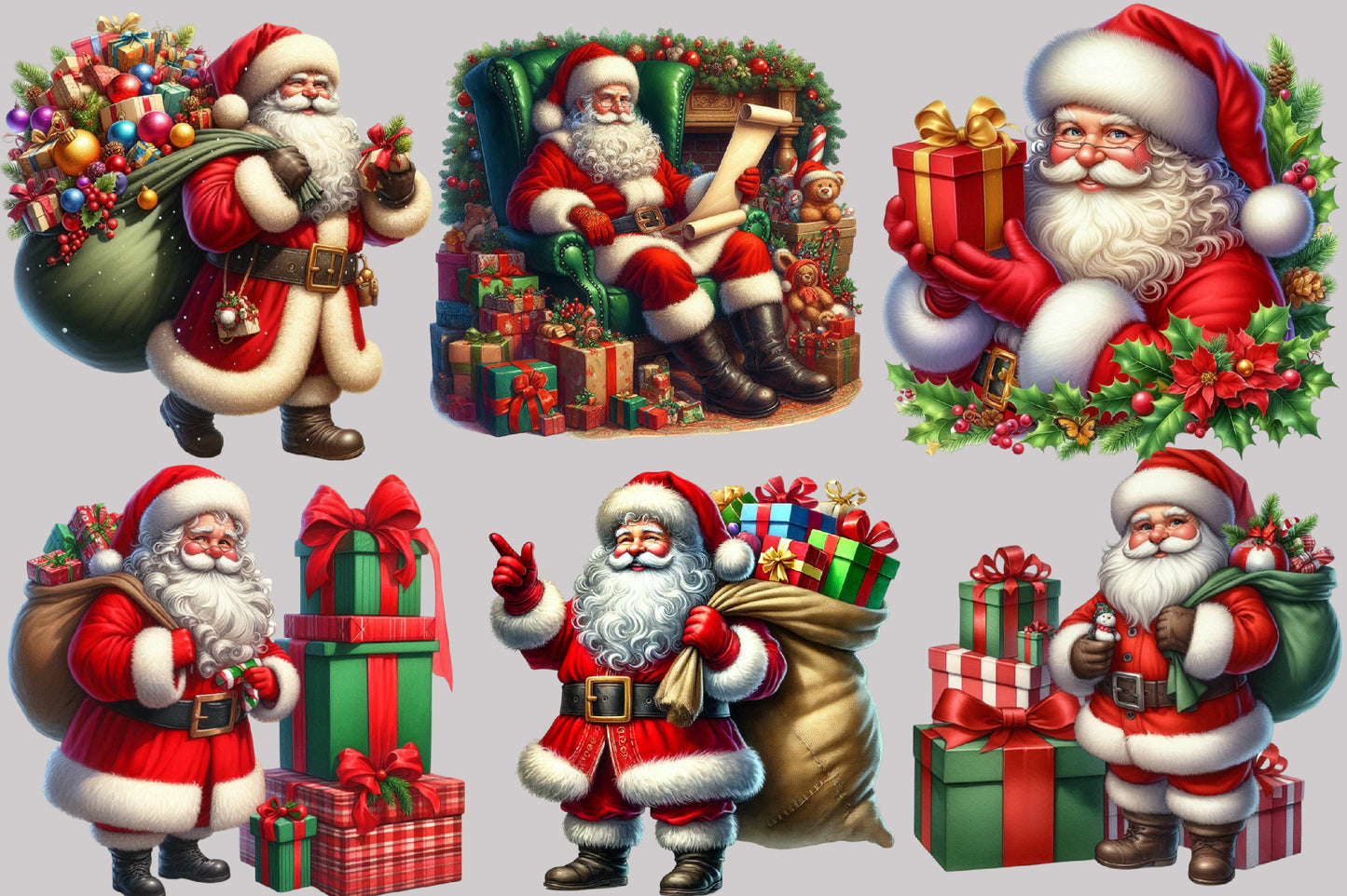 Watercolor Winter Christmas Santa Clipart PNG Bundle | Cute Santa Claus Holiday & Fireplace Designs