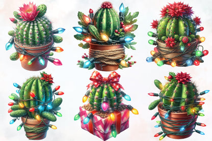 Watercolor Christmas Cactus PNG Bundle 17 Festive Cactus Clipart
