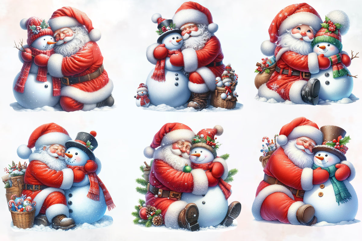 Santa Claus with Snowman PNG Christmas Watercolor Clipart