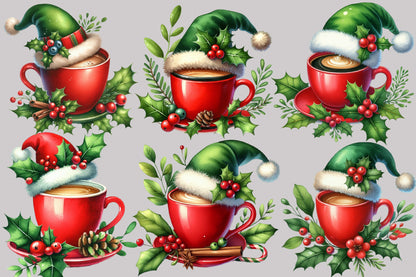Christmas Coffee Cup Clipart PNG Bundle | Red Coffee Mugs, Santa Hats, Holly Berry & Festive Winter Coffee Designs