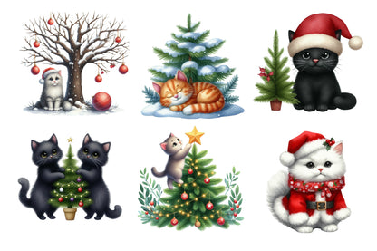Christmas Cats Clip Art PNG Bundle | Watercolor Cute Christmas Cat Clipart | Festive Holiday Cat PNG
