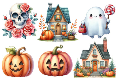 Pastel Halloween Clipart PNG Bundle | Cute Ghost, Fox, Cat & Haunted House Clipart