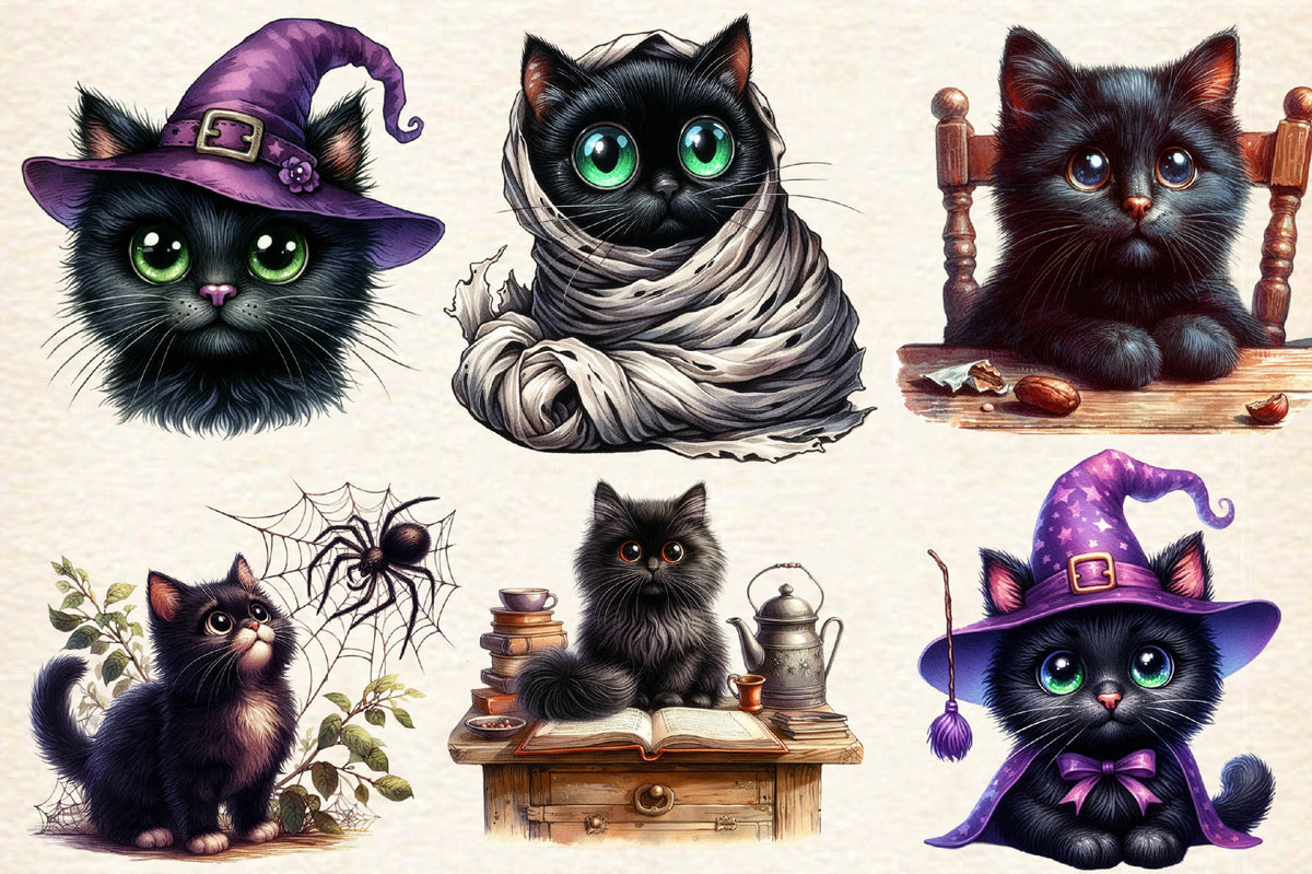 Halloween Black Cat PNG Bundle Funny Black Cat Halloween Clipart