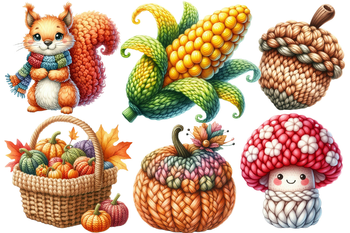 Crochet Autumn Watercolor Clipart PNG Bundle | Cute Fall Crochet Animals | Autumn Sublimation