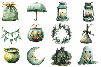 Sage Green Halloween Watercolor Clipart PNG Bundle | Sage Green Halloween Clipart | Green Halloween Sublimation PNG