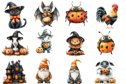 Halloween Animals Clipart PNG Bundle | Cute Spooky Animal PNG, Halloween Watercolor Clipart