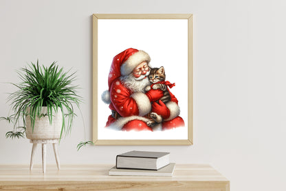 26 Christmas Santa Claus with Kitten PNG Bundle Watercolor