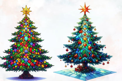 Stained Glass Christmas Trees Clipart PNG Bundle | Colorful Watercolor Christmas Tree, Ornament & Holiday Designs