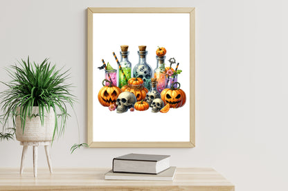 19 Halloween Potion Drinks with Skull PNG Bundle Watercolor Witch Potion Clipart