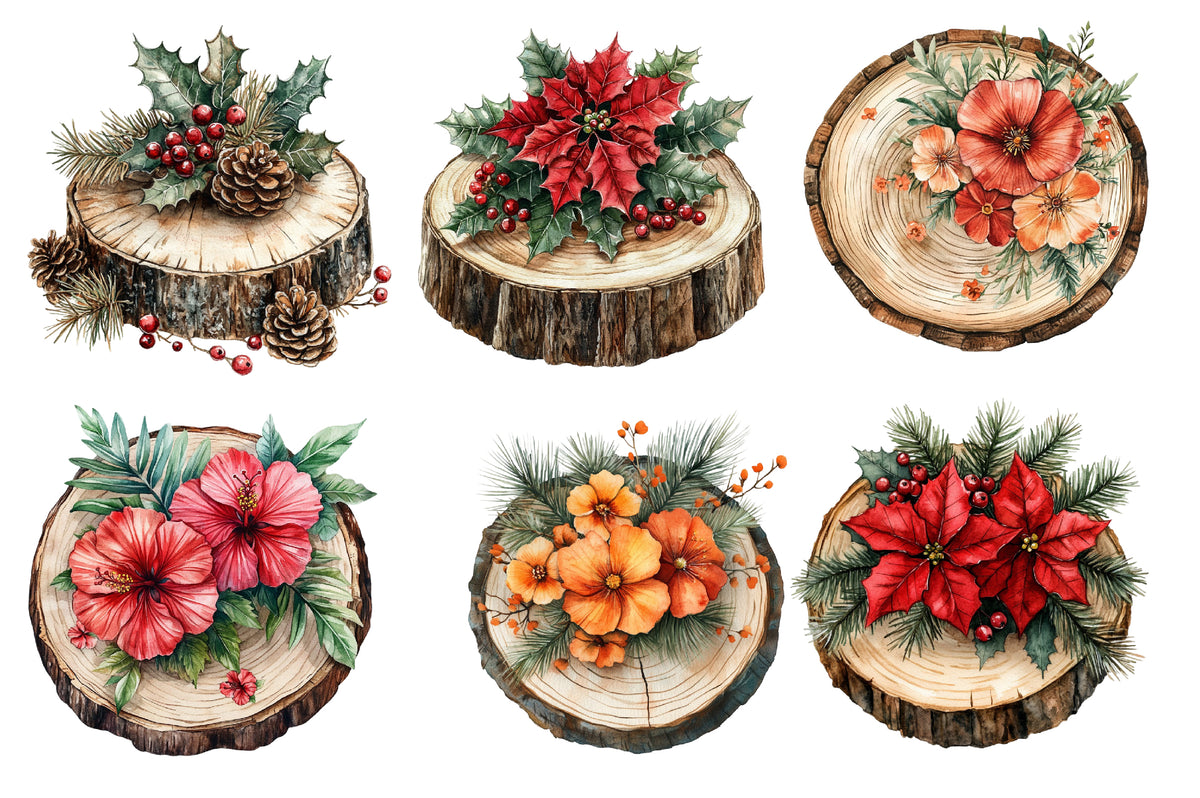 Christmas Wood Slice Clipart PNG Bundle | Rustic Wood Slices, Poinsettia, Pine, Holly, Pinecones & Christmas Floral Decor