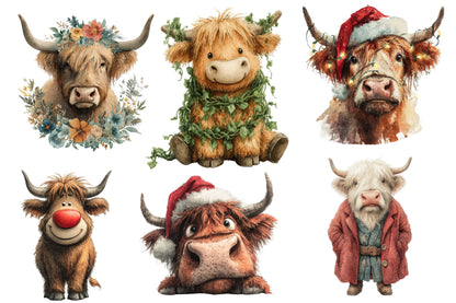 Christmas Highland Cow PNG Clipart Bundle | Watercolor Cute Farmhouse Highland Cow Christmas PNG | Holiday Sublimation