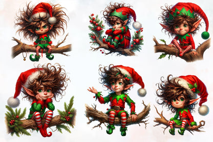 Funny Christmas Elf PNG Bundle Watercolor Santa Elf Clipart