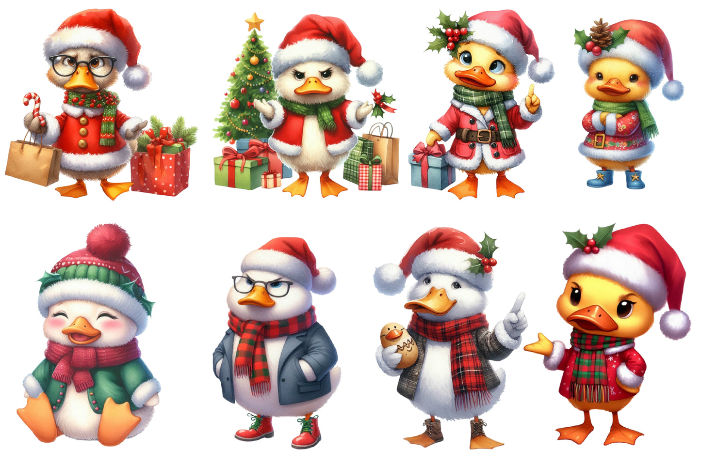 25 Watercolor Christmas Duck PNG Bundle Cute Holiday Duck Clipart