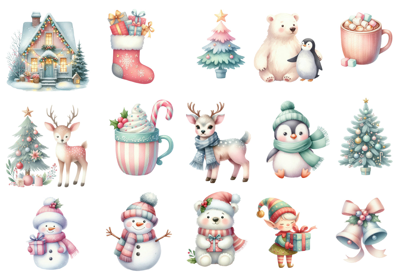 Cute Pastel Christmas Watercolor Clipart PNG Bundle | Sweet Gingerbread Christmas Clipart | Pastel Holiday Sublimation PNG