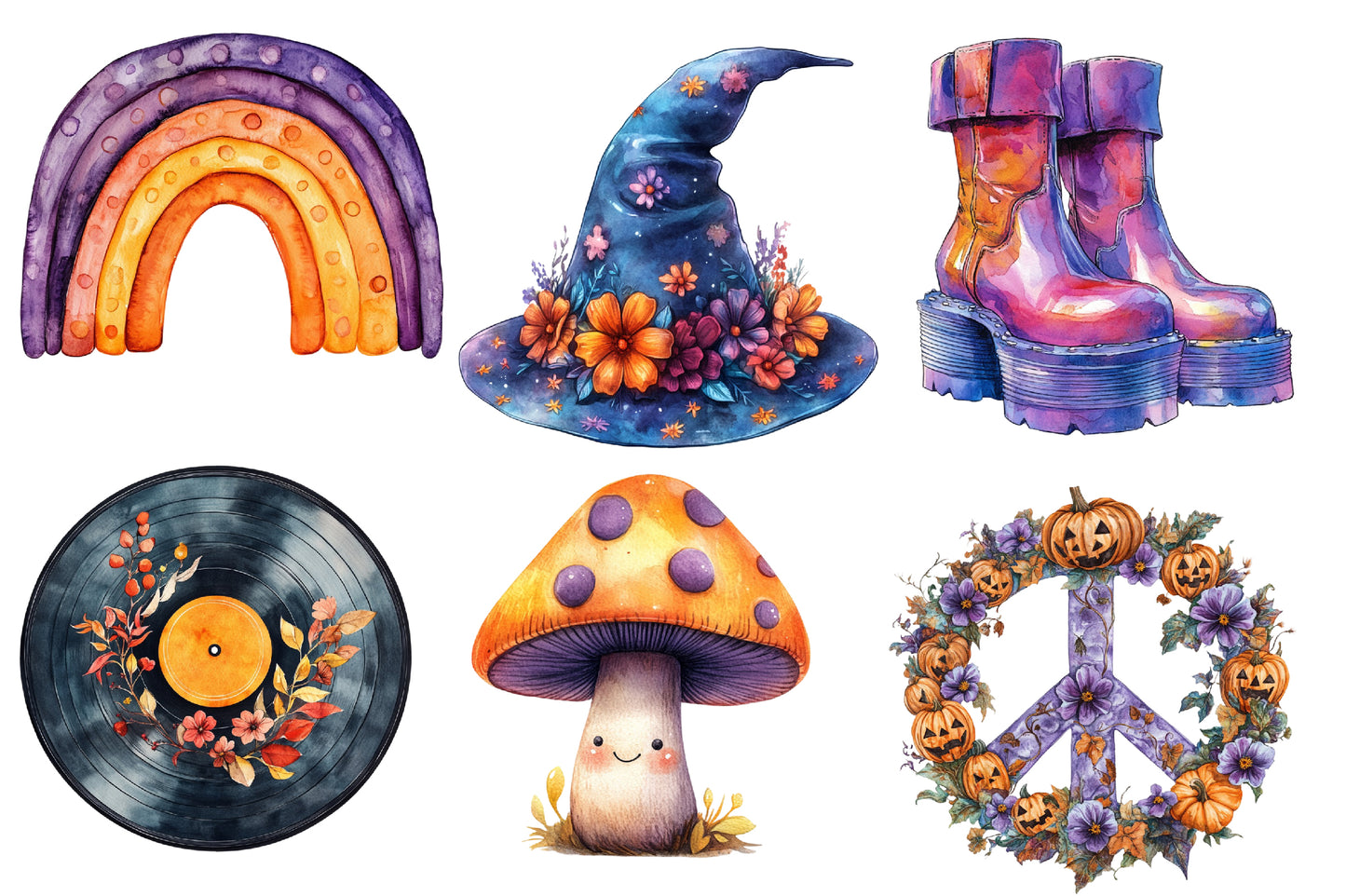 Groovy Halloween Watercolor Clipart PNG Bundle | Retro Halloween Clipart
