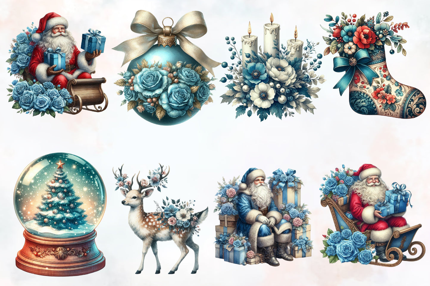 Blue & Beige Christmas PNG Bundle | Watercolor Christmas Clipart, Santa, Blue Roses & Elegant Holiday Decor