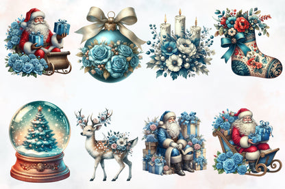 Blue & Beige Christmas PNG Bundle | Watercolor Christmas Clipart, Santa, Blue Roses & Elegant Holiday Decor