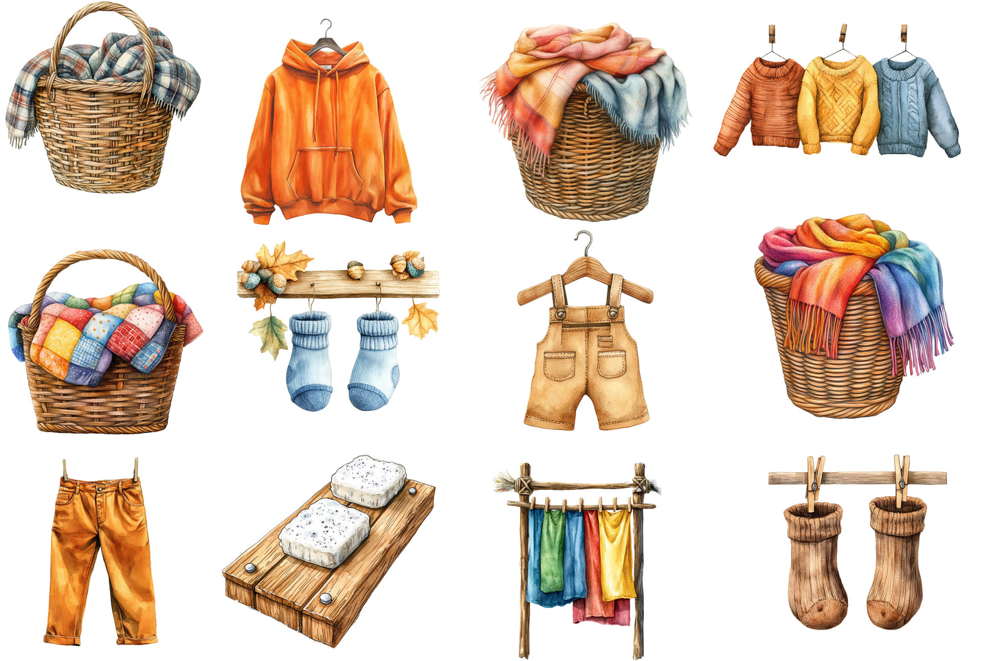 Autumn Laundry Clipart PNG Bundle | Fall Cozy Laundry Watercolor Clipart | Rustic Clothing Sublimation PNG