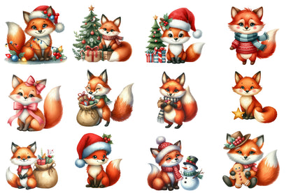Christmas Foxes PNG Clipart Bundle | Watercolor Cute Christmas Fox Clipart | Woodland Holiday Sublimation PNG