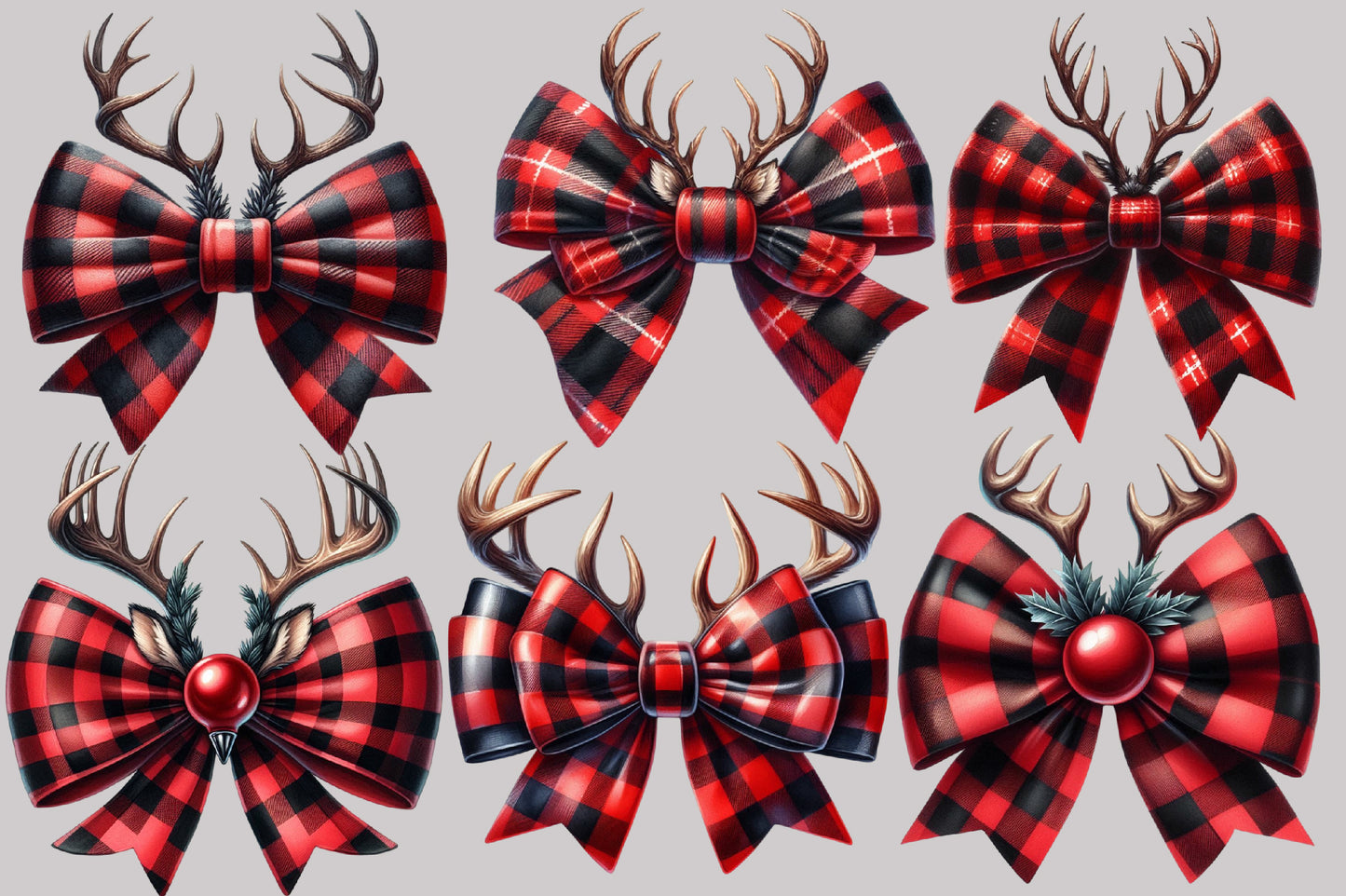 Watercolor Christmas Coquette Bow Reindeer Clipart PNG Bundle | Red Buffalo Plaid Bows & Antlers | Christmas Sublimation