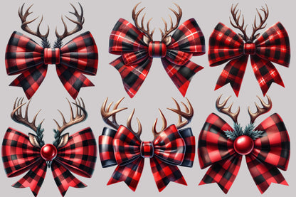 Watercolor Christmas Coquette Bow Reindeer Clipart PNG Bundle | Red Buffalo Plaid Bows & Antlers | Christmas Sublimation