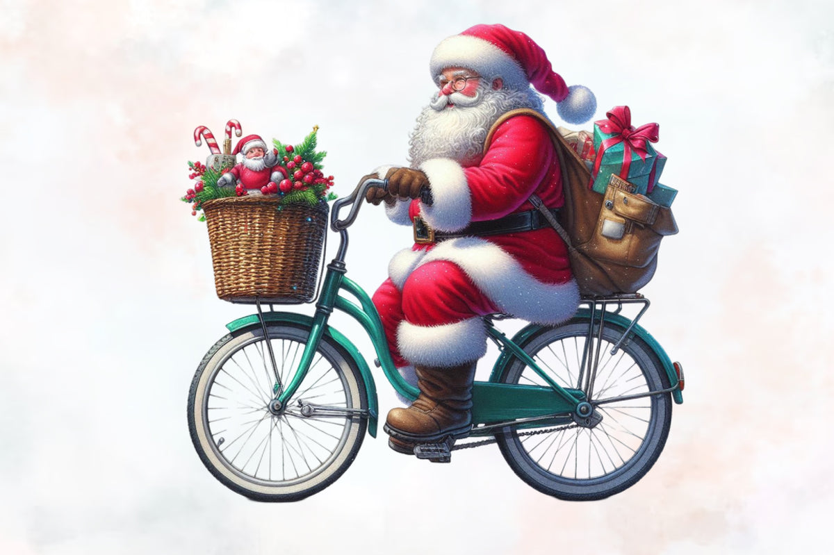 18 Christmas Santa Bicycle PNG Clipart Bundle Watercolor Santa Claus Bike Holiday