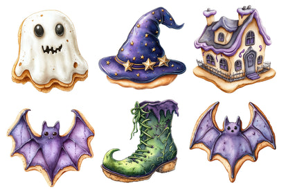 Watercolor Halloween Cookies Clipart PNG Bundle | Spooky Cookies, Pumpkin, Ghost, Witch & Bat Treats PNG