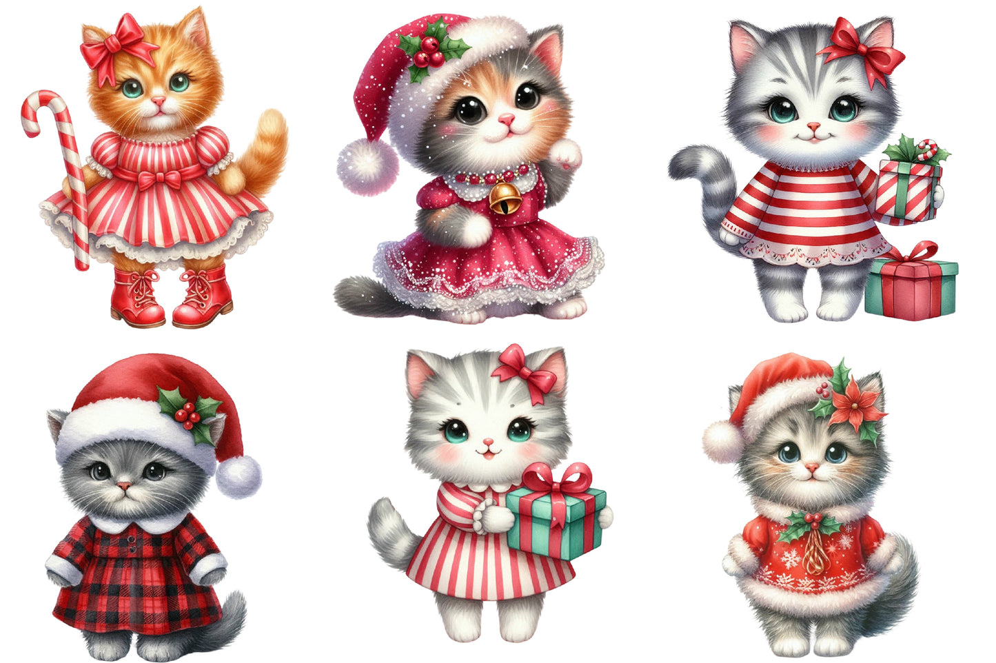 Kitten Christmas Watercolor Clipart PNG Bundle | Cute Christmas Cat PNG | Christmas Kitten Sublimation