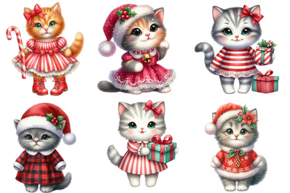 Kitten Christmas Watercolor Clipart PNG Bundle | Cute Christmas Cat PNG | Christmas Kitten Sublimation