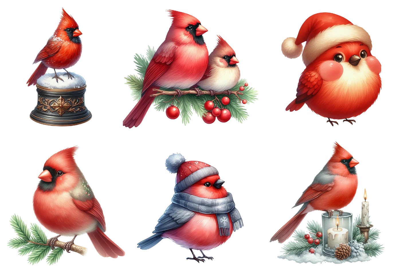 Christmas Cardinal Clipart PNG Bundle | Watercolor Cardinal Birds, Red Birds, Holly, Berries, Christmas Hats, Scarves & Winter Decor