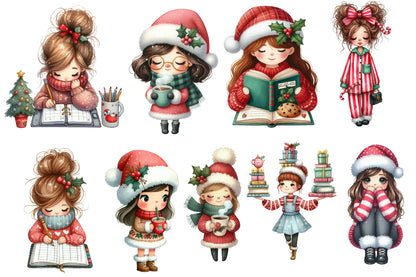 Christmas Planner Girl Watercolor Clipart PNG Bundle | Cute Christmas Planner PNG