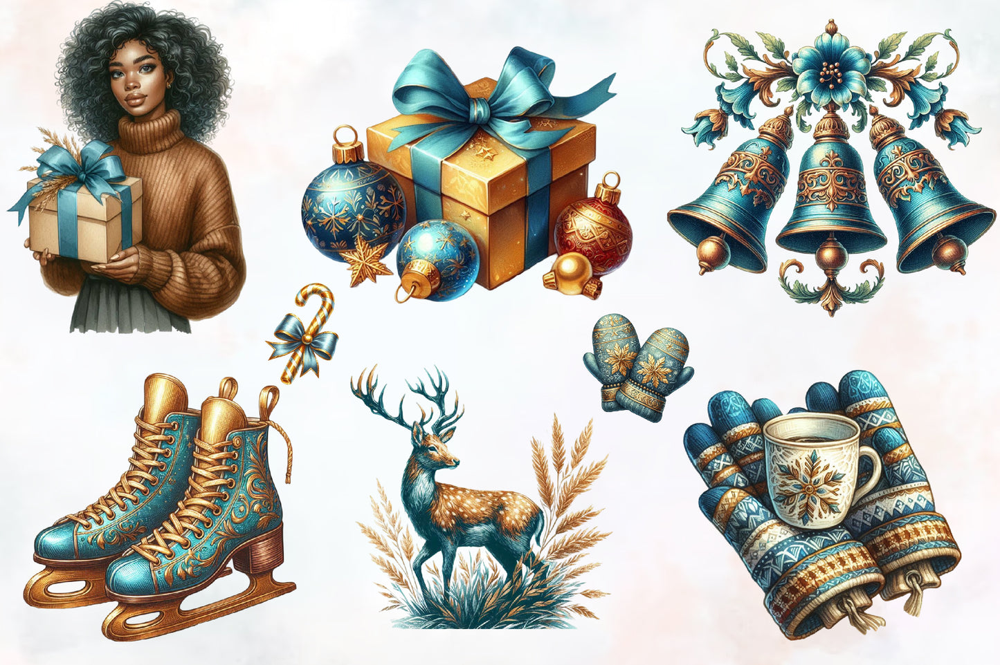 Watercolor Blue and Gold Christmas PNG Bundle 37 Holiday Clipart
