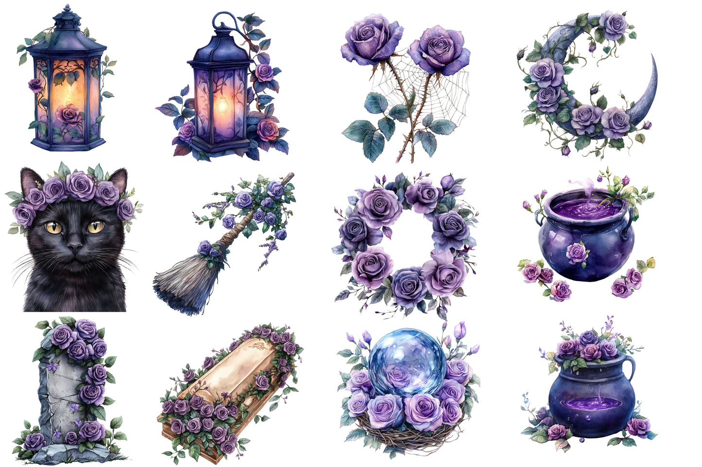 Halloween & Purple Roses Clipart PNG Bundle | Gothic Halloween Clipart, Purple Rose PNG