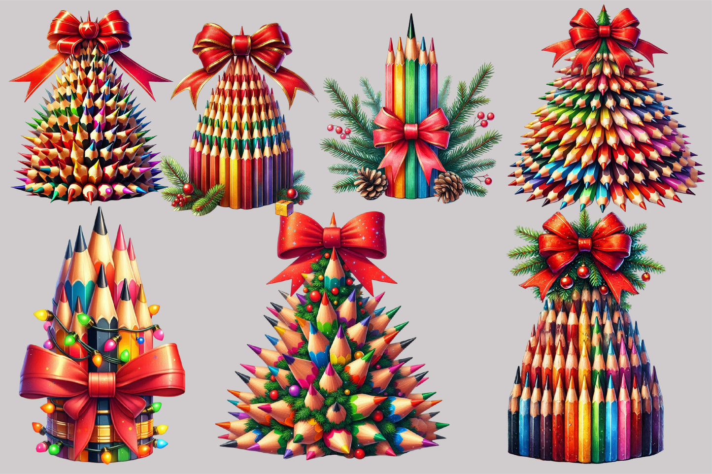 Watercolor Christmas Pencil Tree Clipart PNG Bundle | Colorful Pencil Christmas Trees