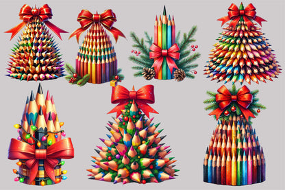 Watercolor Christmas Pencil Tree Clipart PNG Bundle | Colorful Pencil Christmas Trees