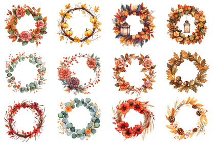 Autumn Wreath PNG Bundle | Fall Floral Wreath Clipart | 36 Watercolor Thanksgiving Wreaths Commercial Use