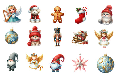 Cute Christmas Clipart PNG Bundle | Christmas Angels, Santa, Nutcracker, Christmas Tree, Penguin, Deer, Cat, Gnome & Holiday Clipart