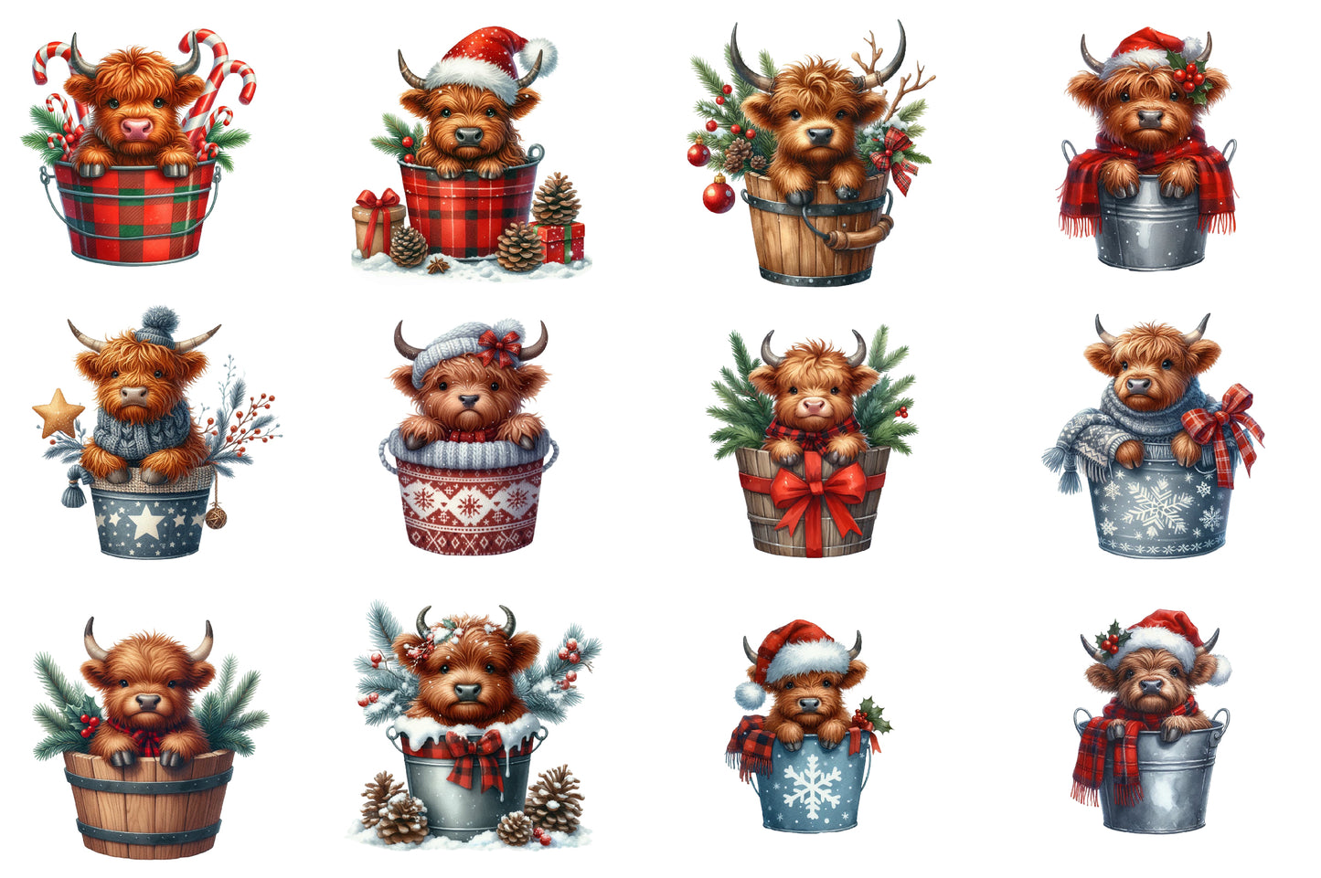 Christmas Highland Cows in Bucket Clipart PNG Bundle | Watercolor Cute Highland Cow in Bucket | Farmhouse Holiday Sublimation PNG