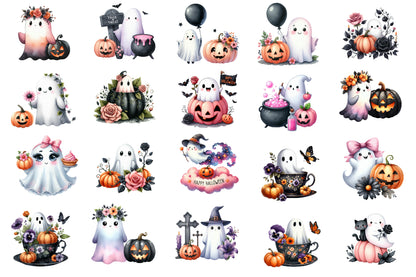 Halloween Ghost Clipart PNG | Cute Ghost Floral PNG, Pink Halloween Ghosts, Witch Ghost Clipart,