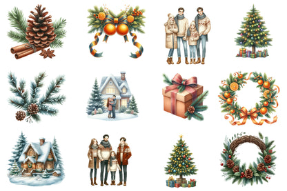 Christmas Winter Families Clipart PNG Bundle | Cozy Family Christmas Watercolor Clipart | Winter Holiday Family Sublimation PNG