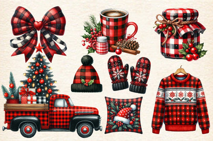Christmas Buffalo Plaid PNG Bundle | Watercolor Red Black Check Christmas Clipart, Rustic Farmhouse Holiday PNG
