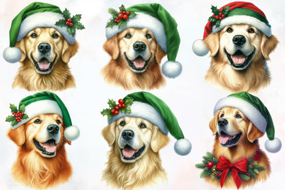 Watercolor Christmas Retriever Dog Clipart PNG Bundle | Cute Santa Hat Golden Retriever Holiday Designs
